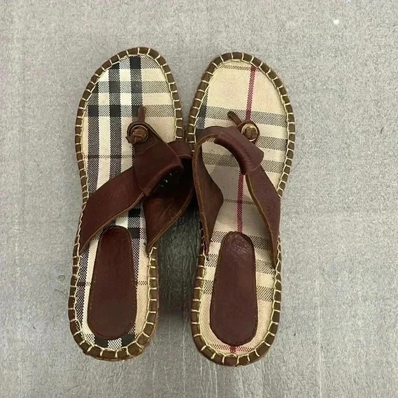 [39/9]Burberry Nova Check Brown Leather  Espadrille Wedge Slides Sandals - Picture 1 of 9